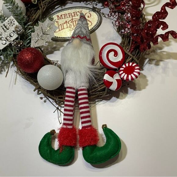 Christmas Grapevine Wreath Peppermint Gnome Let It Snow Handcrafted - Picture 2 of 11